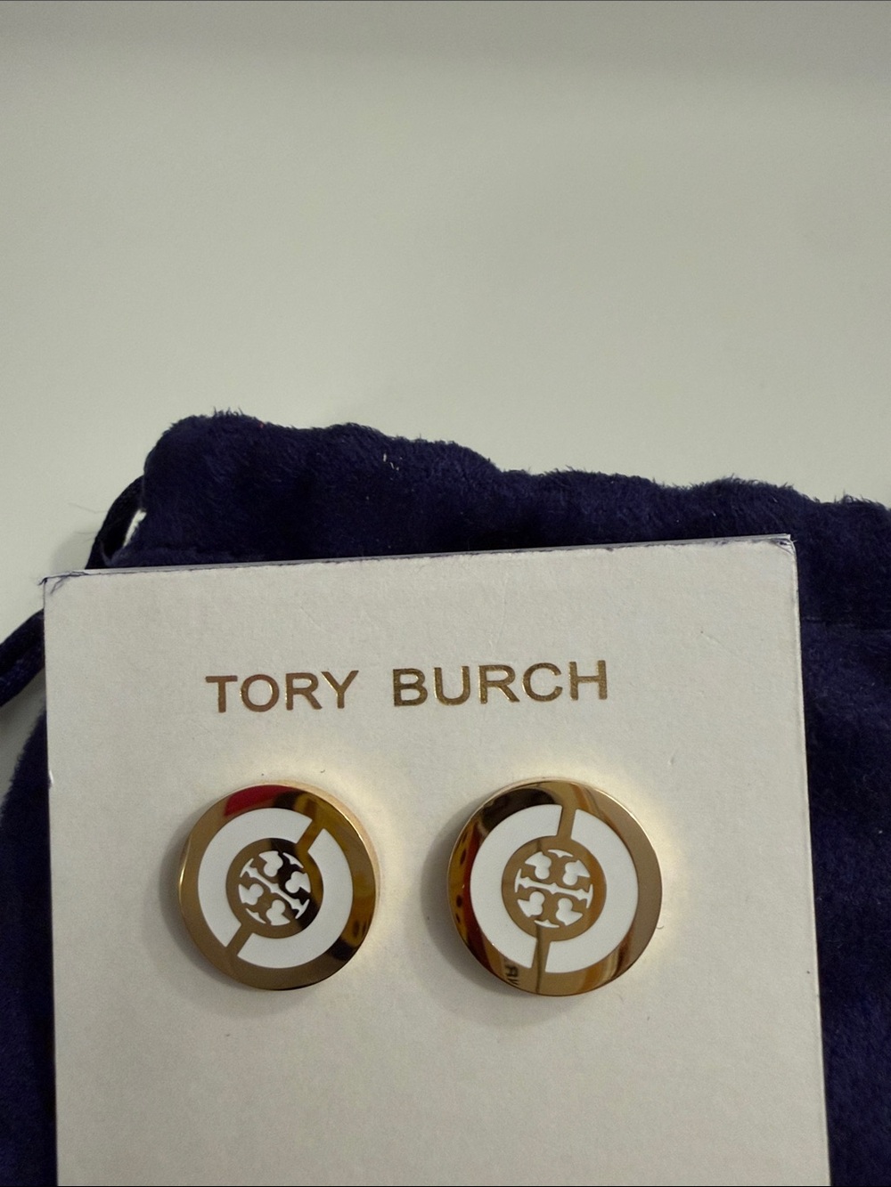 Tory Burch White and Gold Round Logo Stud Earrings - Picture 2 of 5